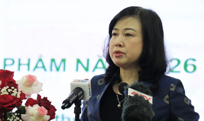 Bộ trưởng Y tế Đào Hồng Lan tại lễ phát động Tháng hành động vì an toàn thực phẩm 2026 ngày 16/5. Ảnh: Song Khuê