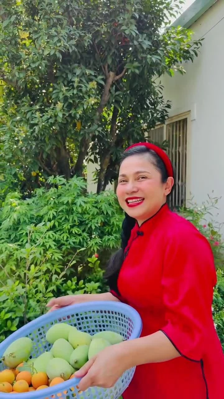 Việt Trinh thu hoạch trái cây trong vườn